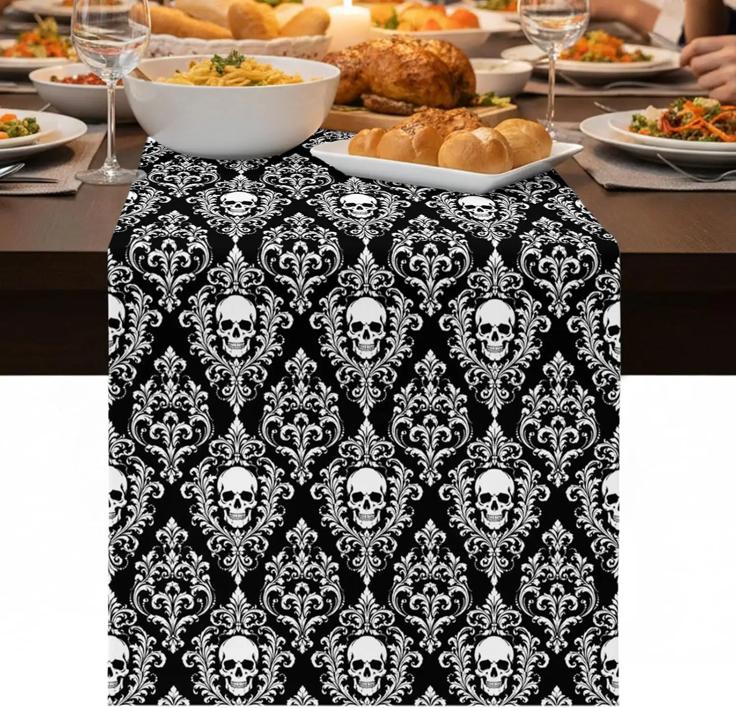 Halloween Skull Skeleton Flower Damask Linen Table Runner Party Decor Reusable Kitchen Dining Table Runner Halloween Decorations