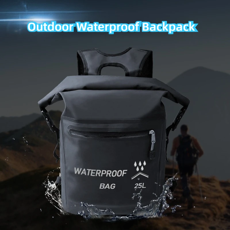 25L Waterproof Dry Bag, PVC Black Waterproof Backpack, Outdoor Backpack for Swimming, River Tracing, Drifting, Beach, Hiking