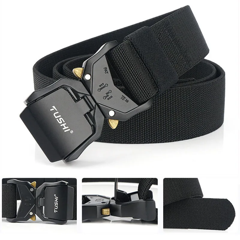 TUSHI Elastic Jeans Belt For Men Aluminum Alloy Pluggable Buckle Training Tactical Belts Comfortable High Quality Male Belt