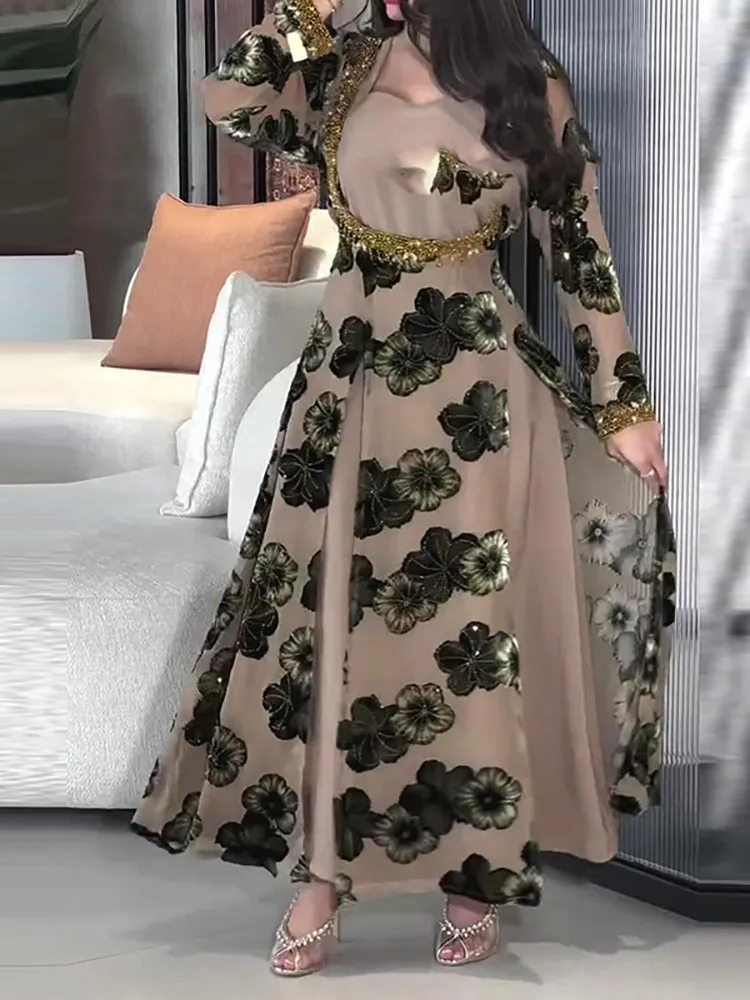 Abito da donna musulmano con scollo a U alla moda Abito da banchetto in chiffon con stampa elegante con giunture Abiti da festa lunghi in vita a maniche lunghe casual