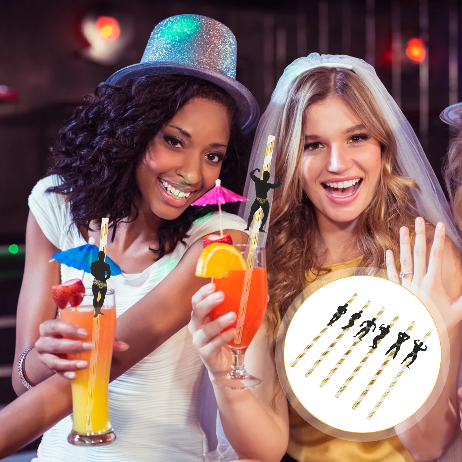 

24pcs Party Decoration Straws Bachelorette Drinking Supplies Gold Striped Reusable Plastic Wedding Accessories