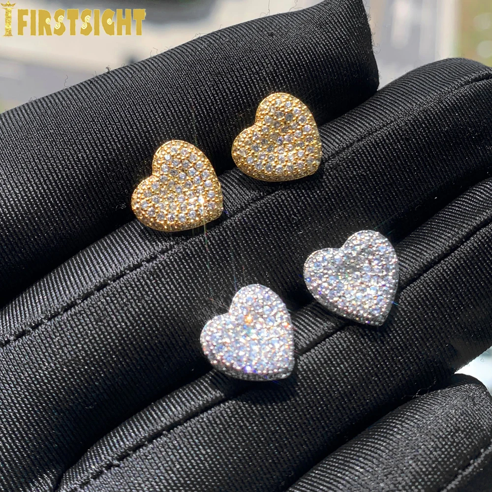 2024 New Bling CZ Heart Stud Earring Gold Color Iced Out Cubic Zirconia Love Hearts Charm Women Hip Hop Jewelry