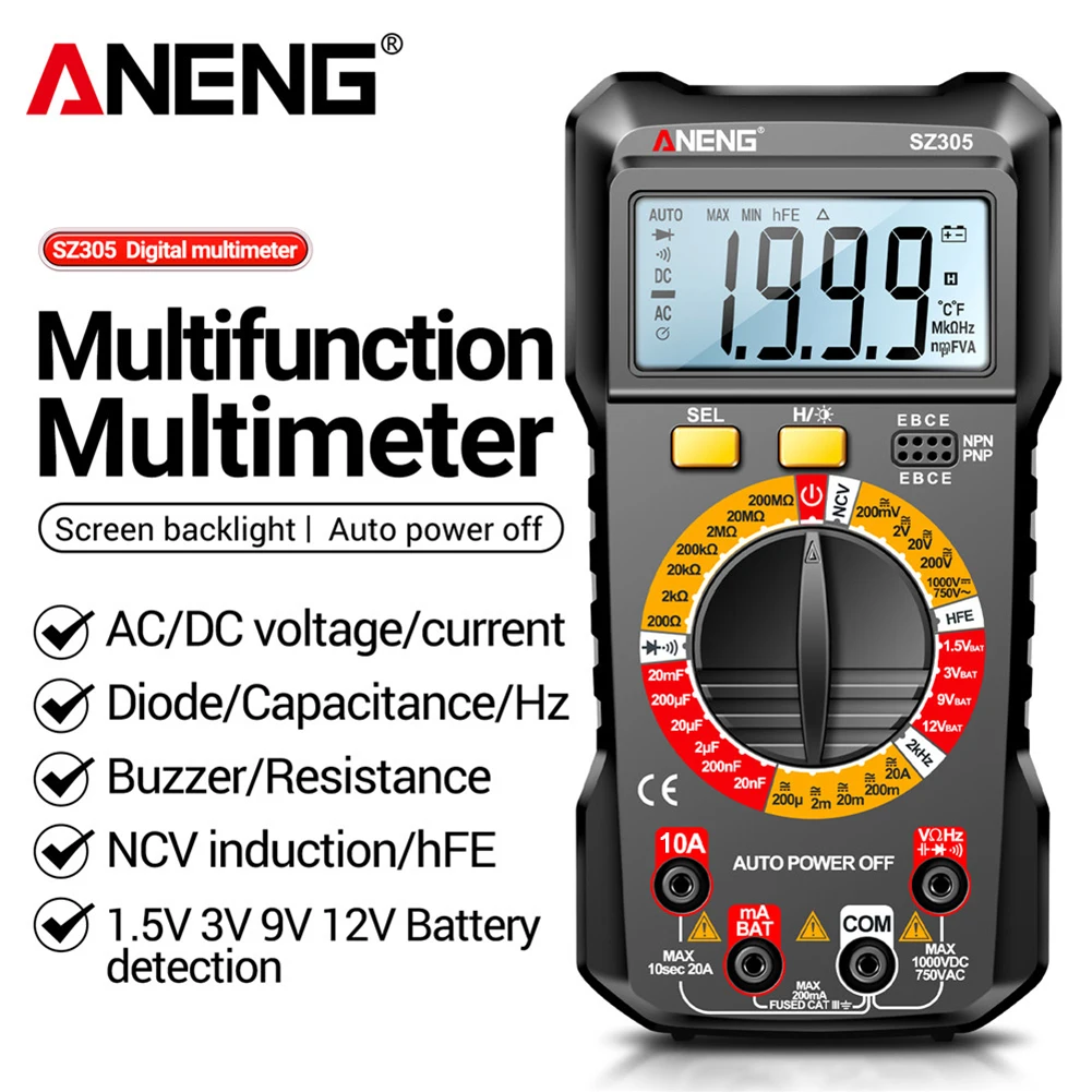 Voltage Resistance Meter Digital Multimeter Large Screen 1999 Counts Auto-Ranging Multifunctional for Diode/hFE Transistor Check