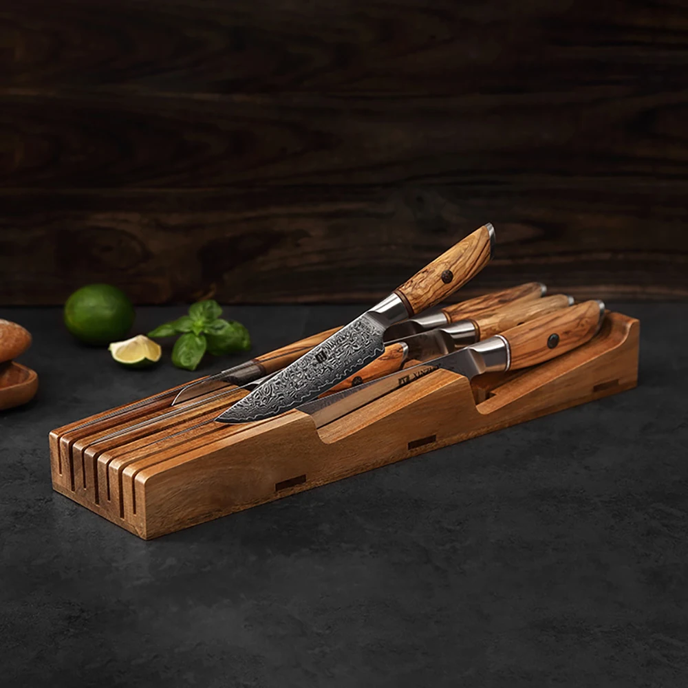 XINZUO Seven-Slots Knife Block  Acacia Wood Knives Separation Finishing Storage Box Kitchen Knife Organizer Without Knives