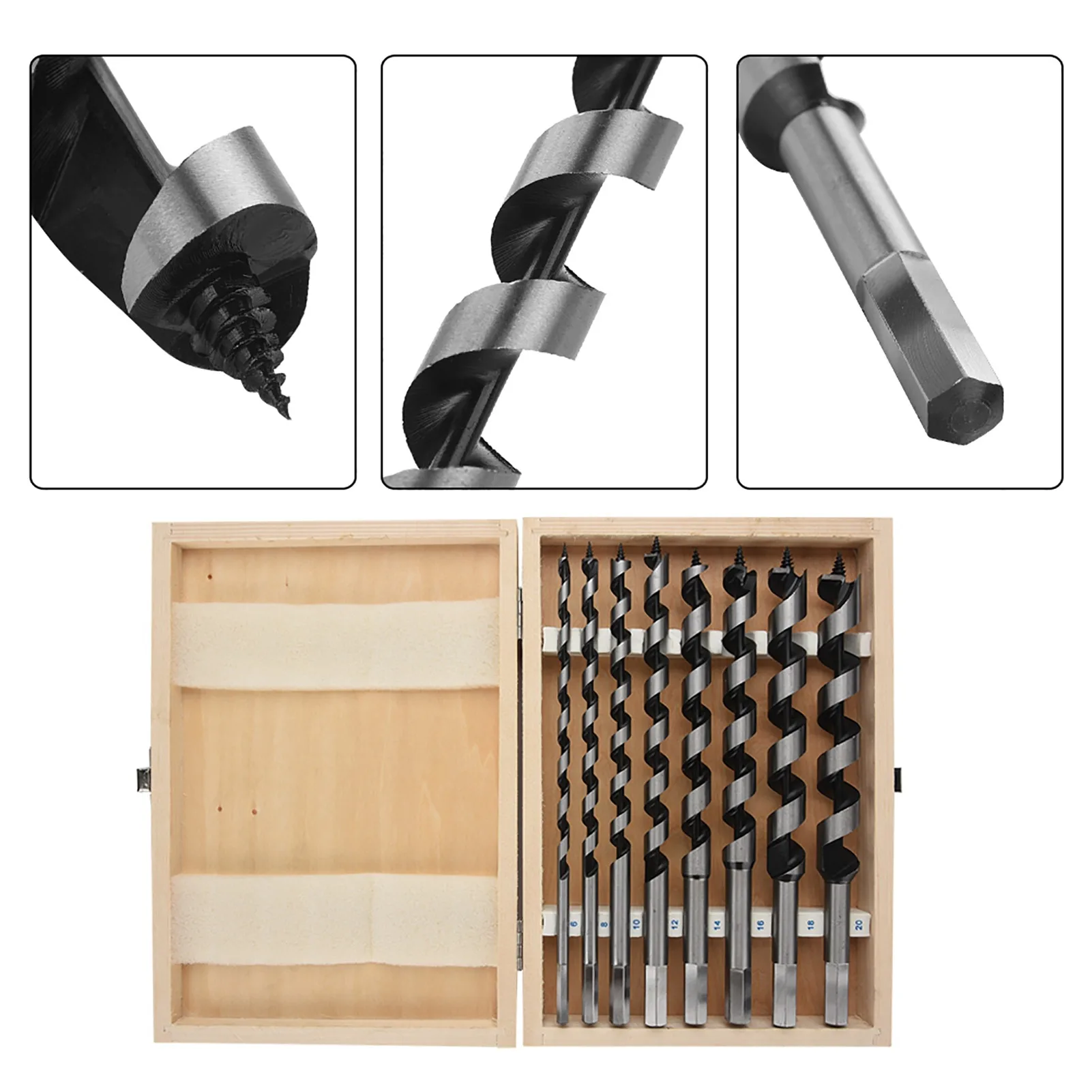 

Drill Bits Carbon Steel Auger Bit Set Wooden Case Machined Hex Shank Drill