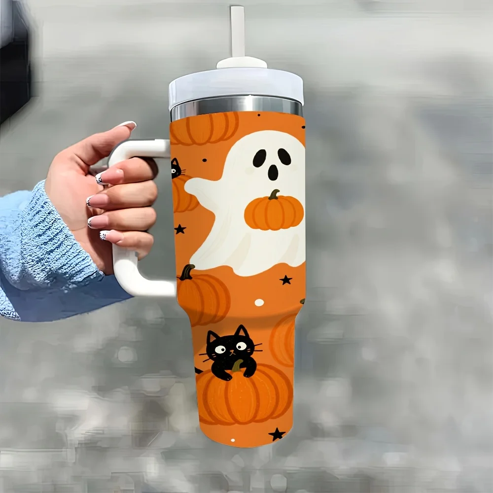 1ps Halloween and Christmas 40oz Insulated Stainless Steel Tumbler with Handle and Straw, Cute Spooky Black Cat Pumpkin Bat Pattern Water Cup, Suitable for Home Office Outdoor Travel Holiday Party Daily Drinking Use
