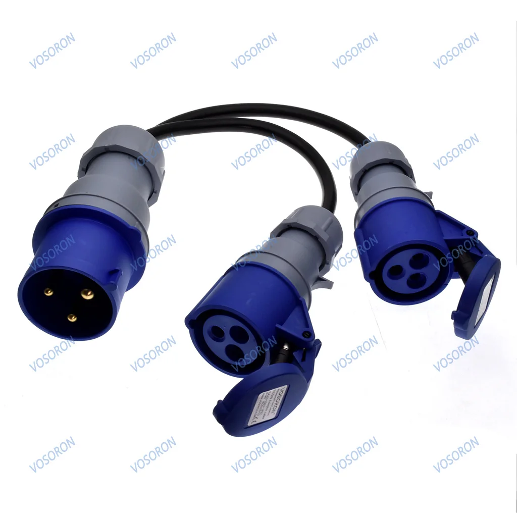 IP44 Waterproof IEC309-2 2P+E Industrial Adapter cord, IEC 309 332P6 32A Plug to 2×IEC309 316C6 16A Receptacle adapter cord