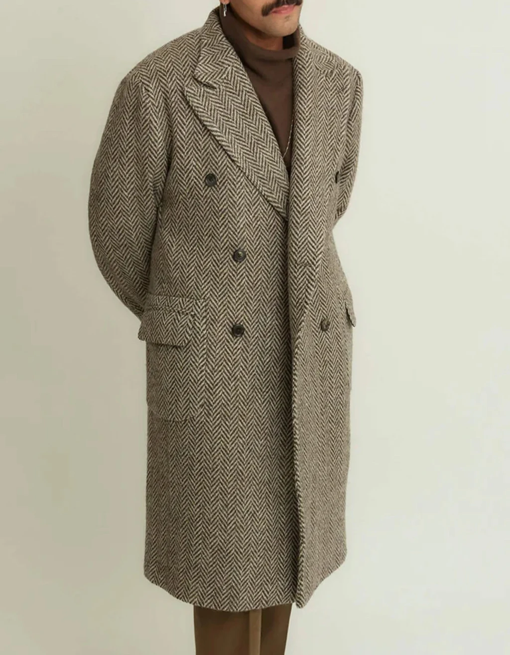 

Herringbone Suit Jackets Men's Tweed Wool Blend Trench Coat Long Double Breasted Overcoat Classic Business Blazer Tailore Made