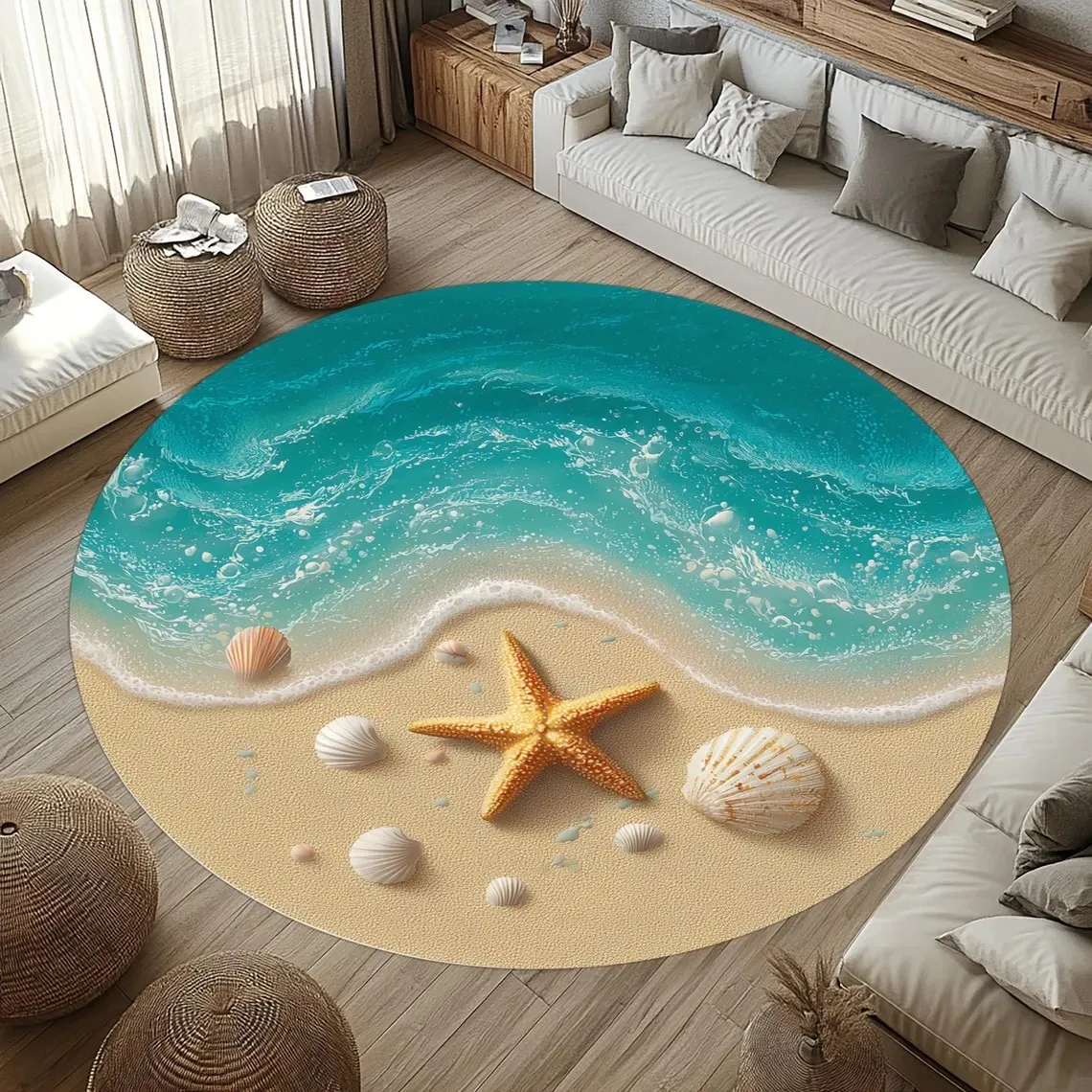 Beach Round Rug with Starfish & Shells – Coastal Ocean Wave Nautical Area Carpet for Living Room Seaside Decor