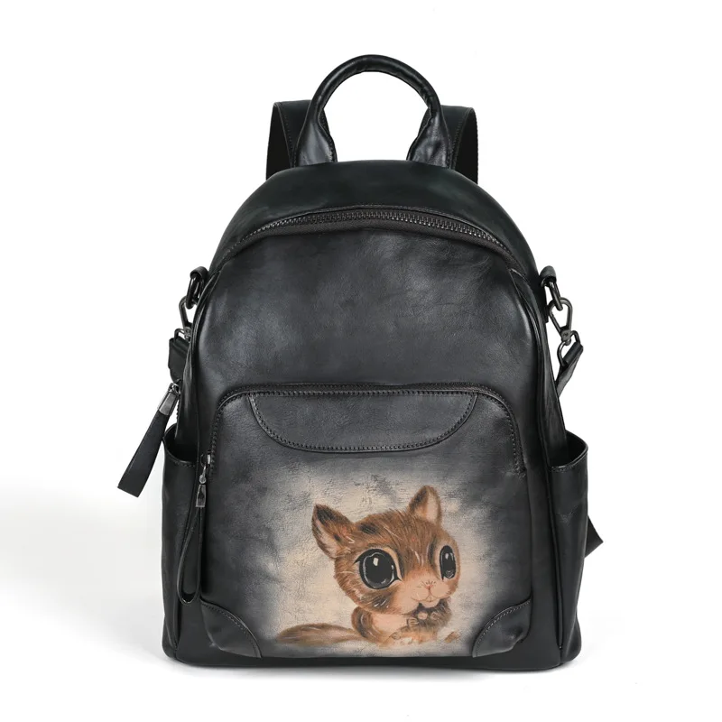 

Новинка 2023 года, ретро рюкзаки из натуральной кожи с мультяшным принтом, дорожная школьная сумка на плечо, большая вместительная женская сумка из воловьей кожи