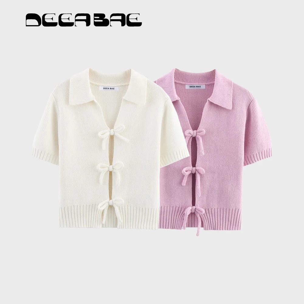 

DEEABAE Summer New Women's Clothing European And American Style Bow Decoration Knitted Short Sleeved Round Neck Top T-shirt