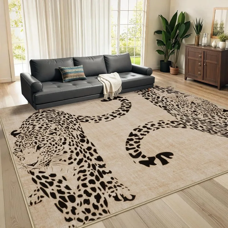 Leopard Print Solid Color Living Room Carpet Large Area Sofa Rugoldable Machine Washable Bedroom Bedside Non-slip Soft Floor Mat