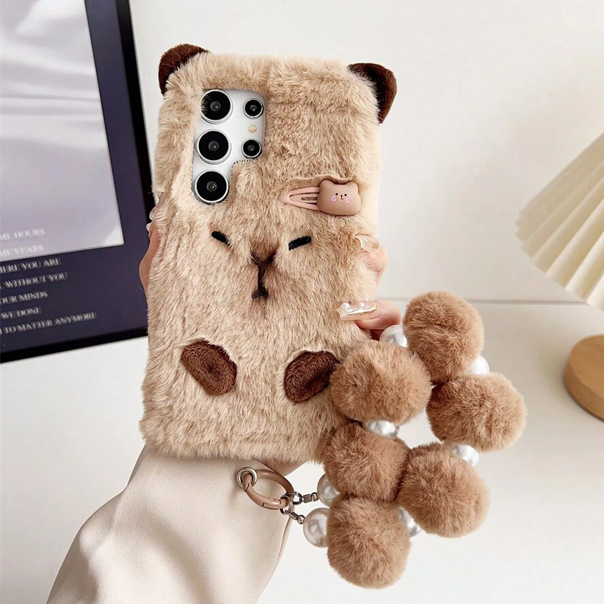 Cute Brown Hair Clip Capybara Plush Phone Case And With Chain For Samsung Galaxy S20 S21 S22 S23 S24 Fall/Winter Phone Case