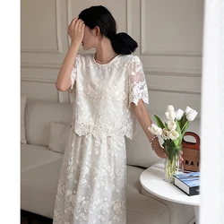 Women Vintage Lace Suit Hollow Out Top And Embroidery Midi Long Skirt Two Piece Set Matching Outfit Female Lady Clothing Summer