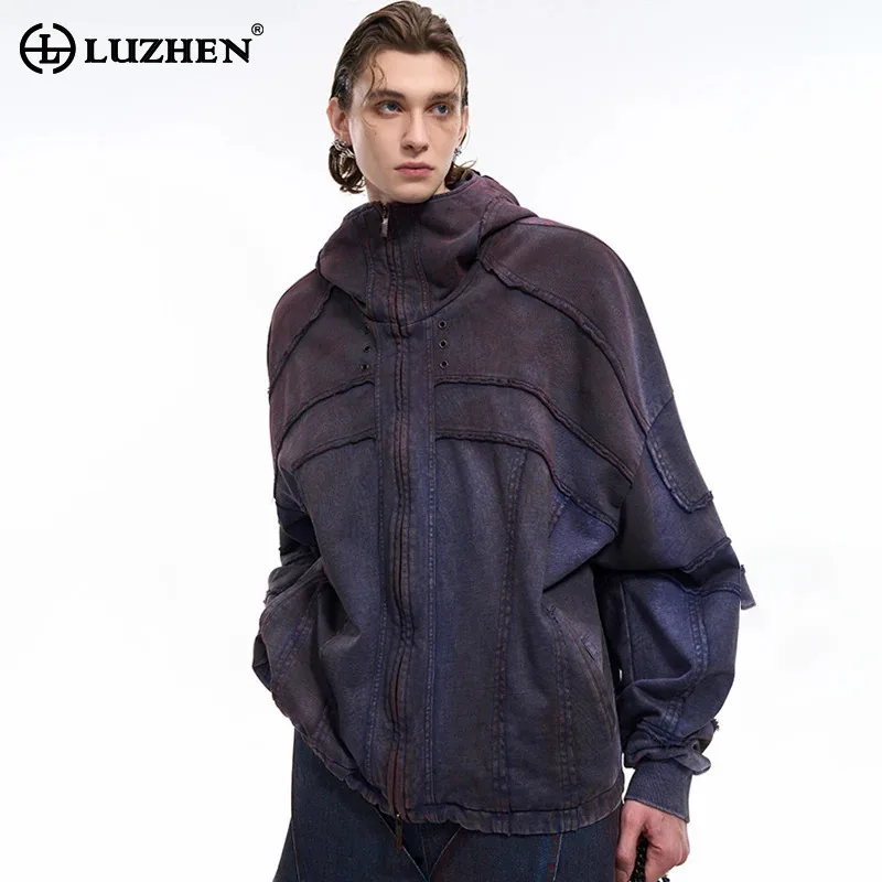 LUZHEN Personalized Hoodies New In Wornout Denim Jackets Men Autumn Burr Design High-end Streetwear Trendy American Tops LZ8086