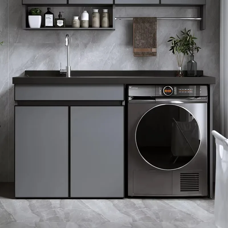 Any Size Custom Aluminum Alloy Laundry Cabinet Balcony Waterproof Integrated Wash Sink Quartz Stone Washboard Storage Solution