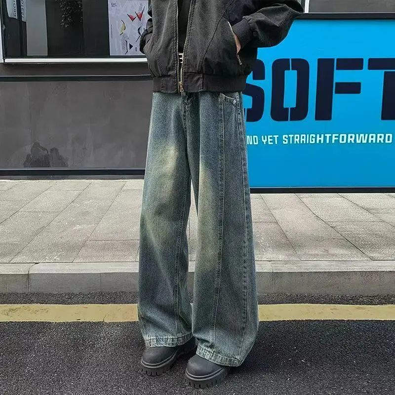 

Retro American Heavyweight Distred Denim Jeans Men's Trendy Loose Straight Leg Wide Leg Pants Men's Knife Long Pants