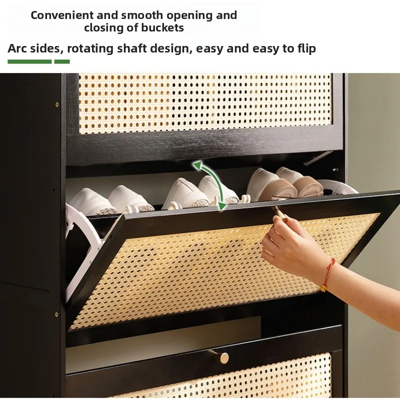 Slim Bamboo Shoe Rack Woven Rattan Shoe Cabinet Multi-Tier Storage Cabinet Space Saving Entryway Organizer Modern Furniture