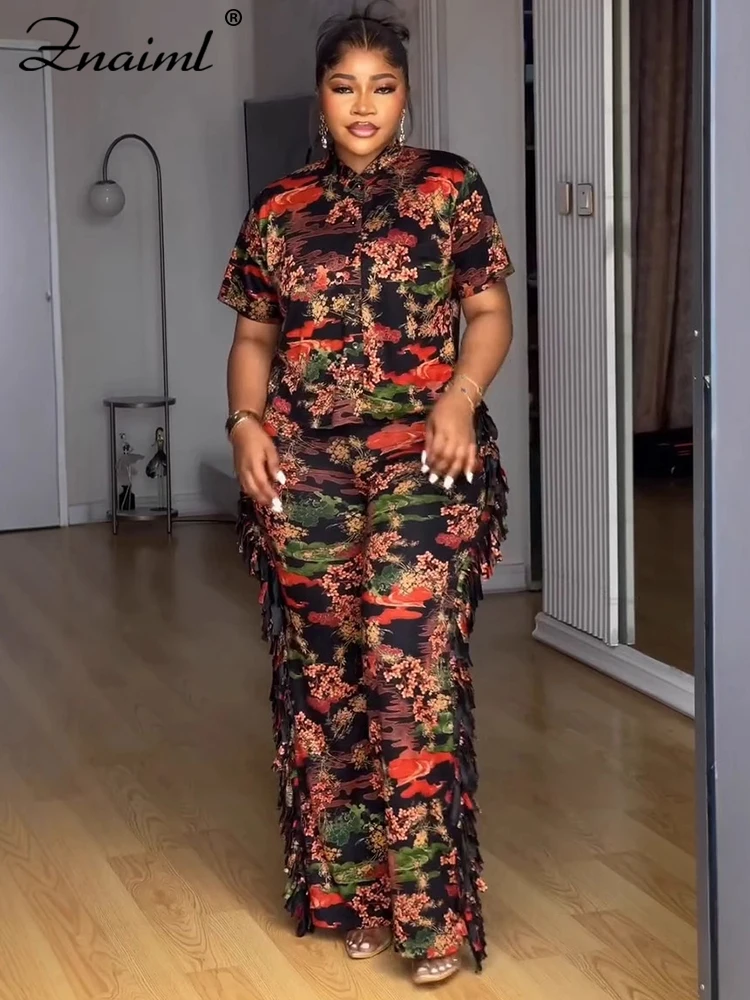 

Znaiml Casual Printed Summer Women Turn-down Collar Button Up Shirt Top and Tassel Pants Two Piece Matching Sets Office Outfits