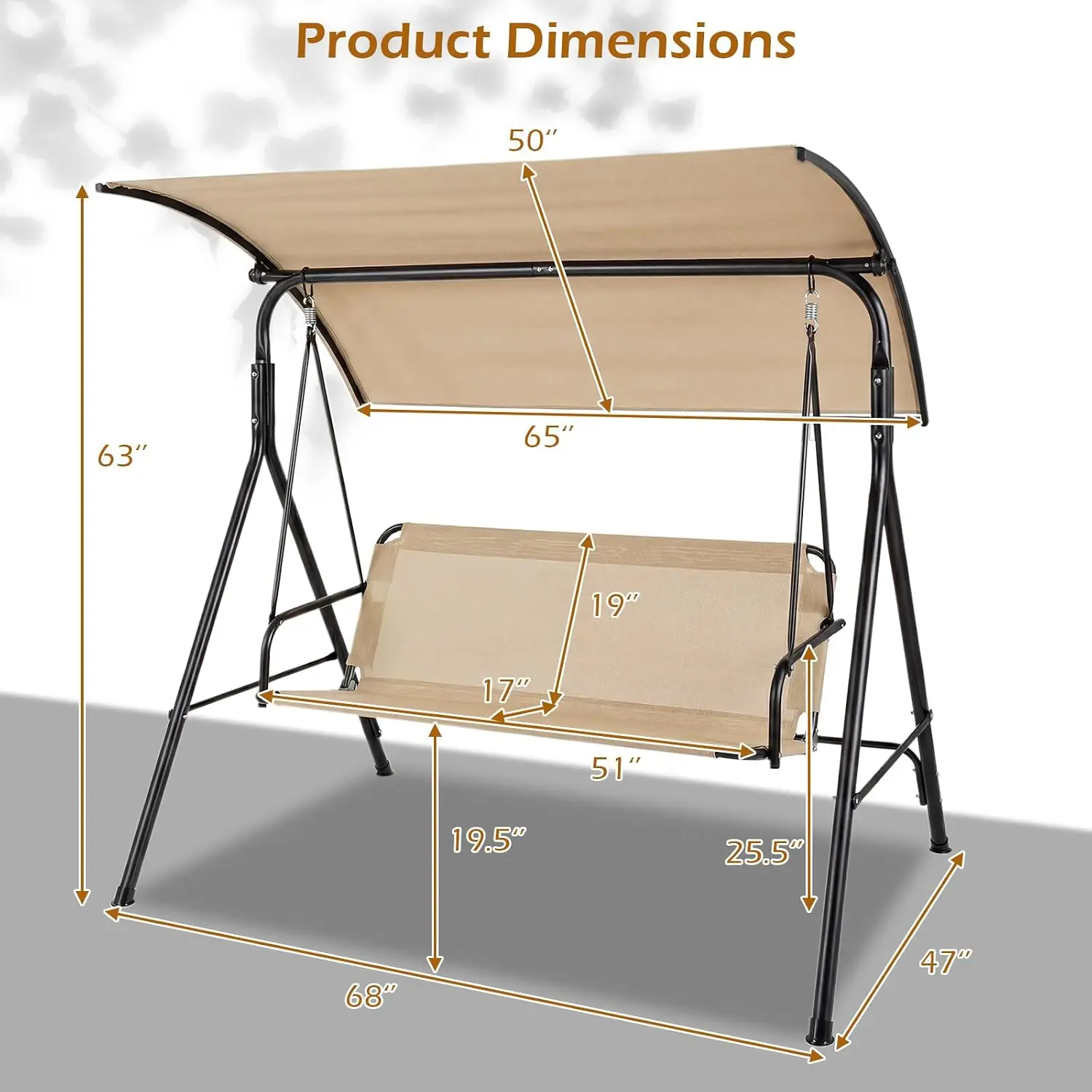 3 Person Porch Swing, Patio Swing with Adjustable Canopy, 800 lbs Heavy-Duty Metal Frame & Breathable Fabric Seat,, Customized