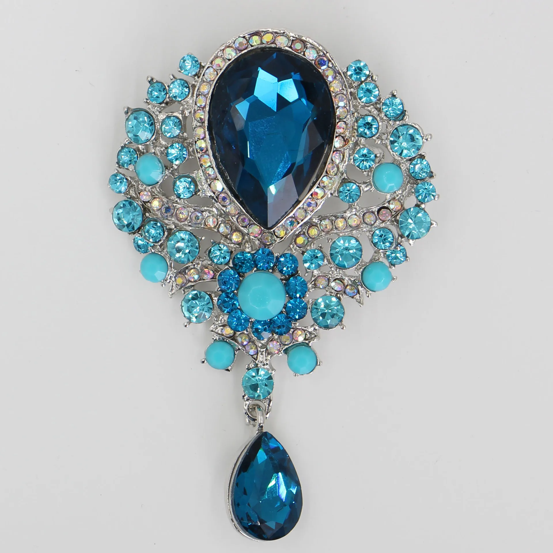 Grande Waterdrop Pendant Broche para Mulheres, Joia Vintage Retro, Cheia de Alfinete Strass, Cristal Azul, Acessórios de Vestuário