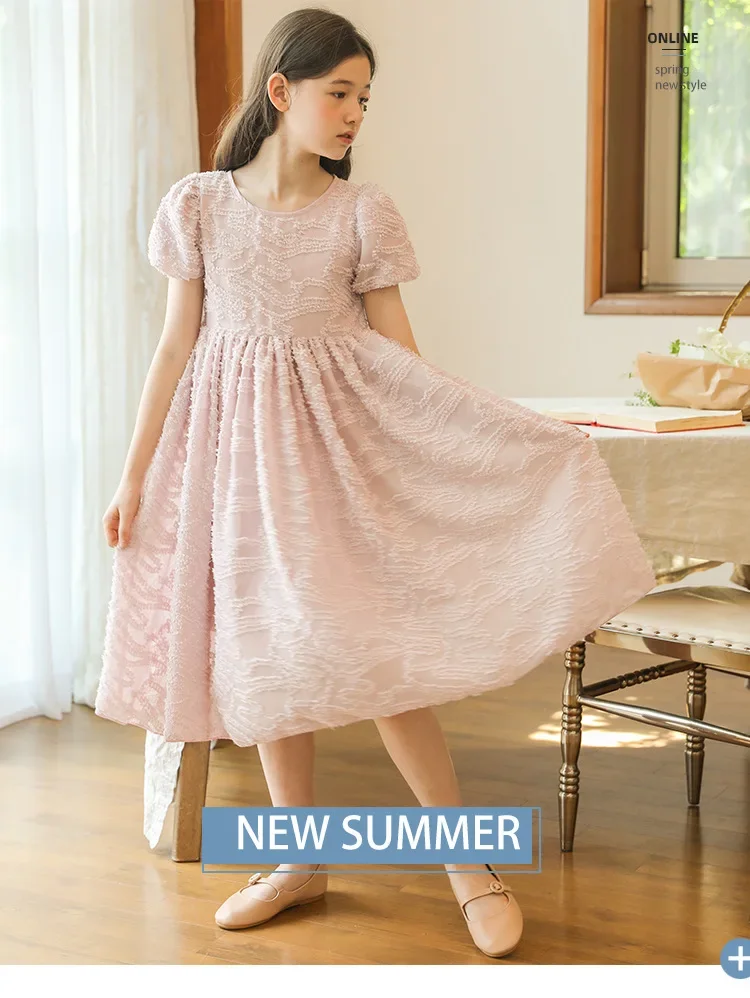 Jacquard Dress for Girls Summer Short Sleeve Fashion Pink Party Princess Dresss 2024 New Casual Elegant Kids Costumes 13 14 Year