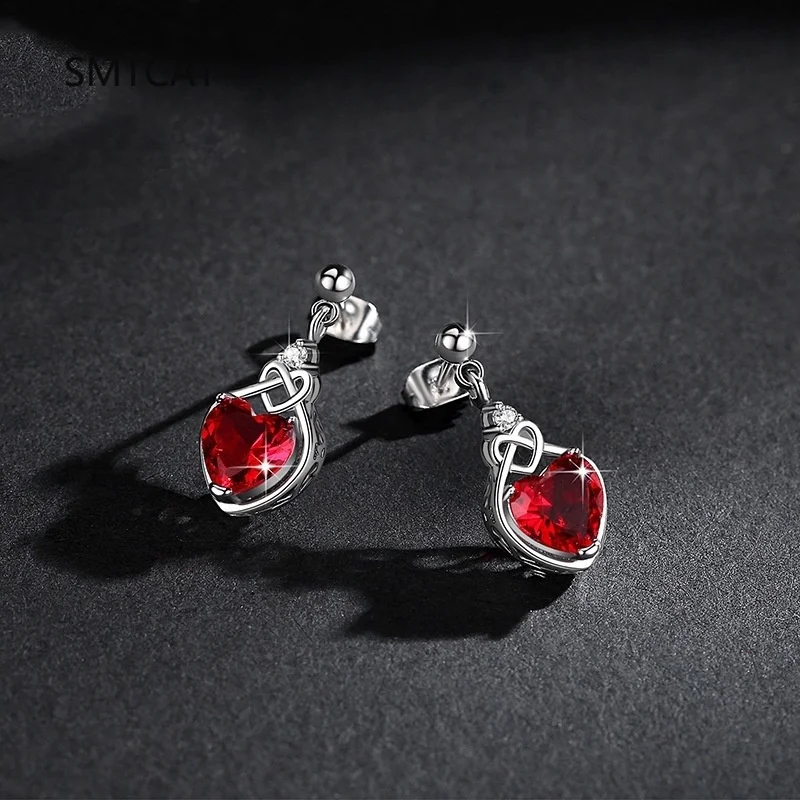 الحب عقدة القلب مكون الأحمر روبي العقيق 925 حلَق من الفضّة الاسترليني للنساء مجوهرات الأحجار الكريمة الموضة Brincos de Prata