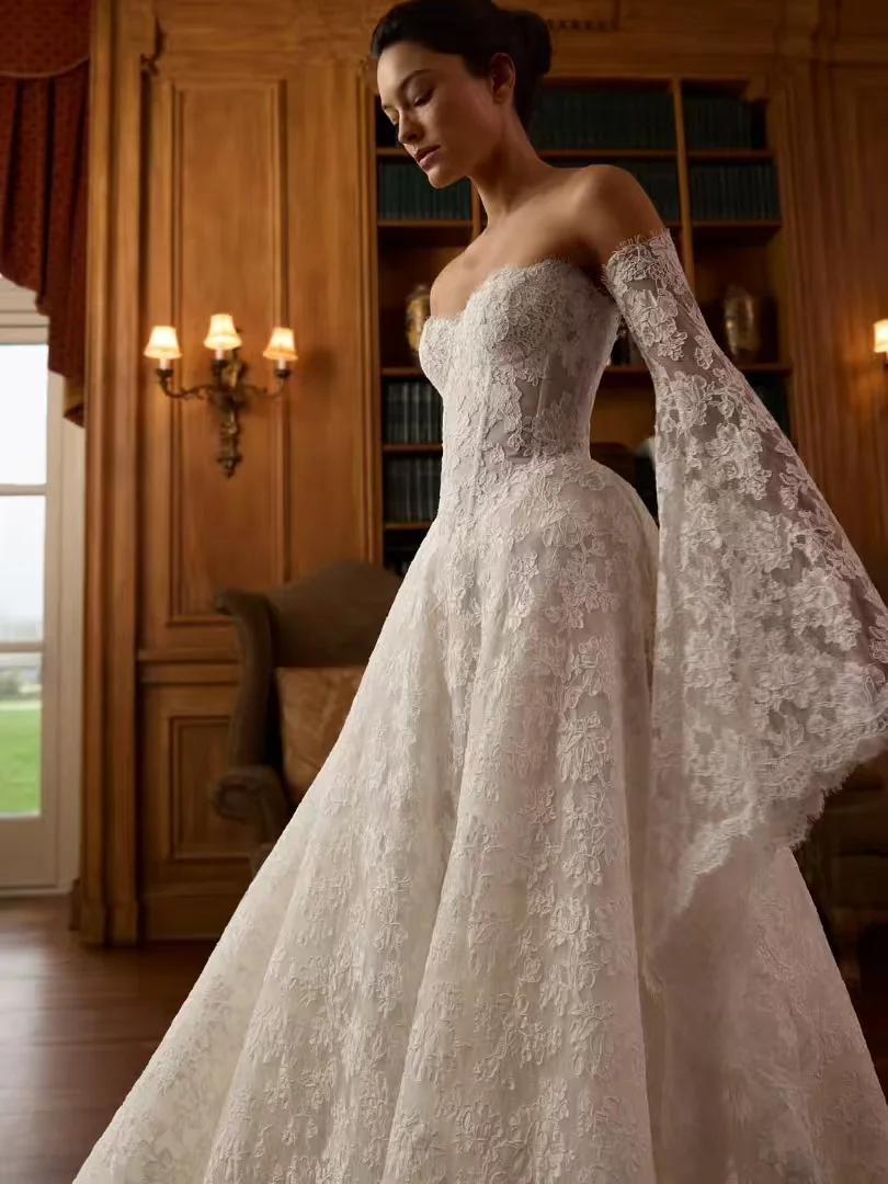Elegant Lace Wedding Dress Strapless Princess Ball Gown with Detachable Cape Sleeves Luxury Bridal Dress amanda novias official