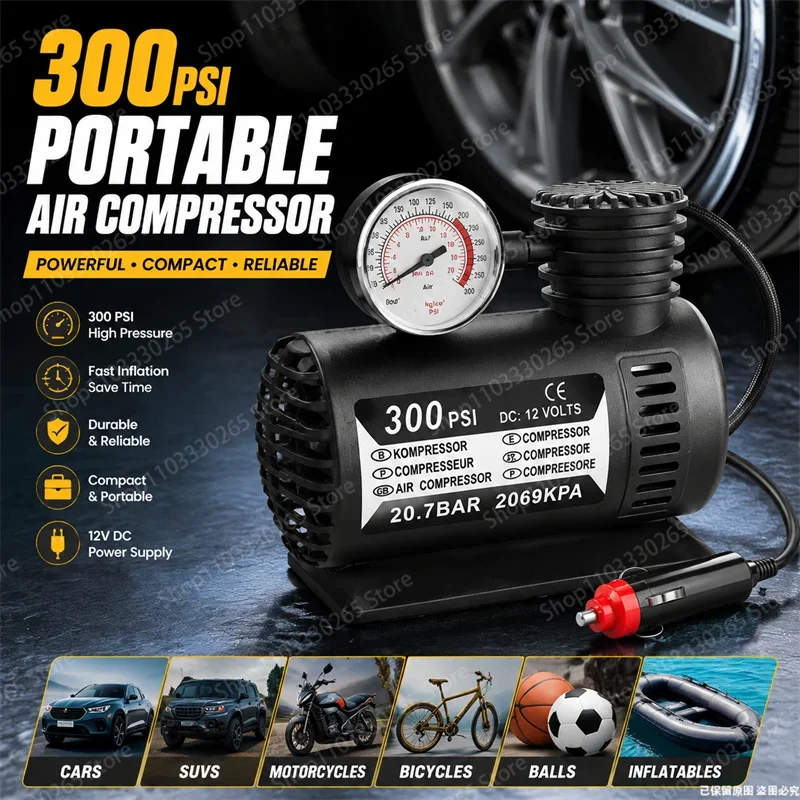 Mini 300PSI 12V DC Car Tire Inflator Air Compressor Cigarette Lighter Fast Inflation Vehicle Accessory