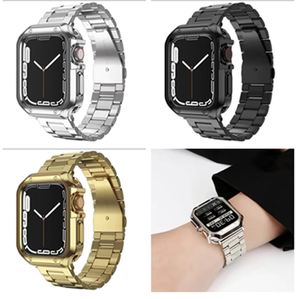 Capa protetora tpu + pulseira de aço inoxidável para apple watch band 8 49mm 44/42mm 41mm pulseira series10 46mm 42mm pulseira de metal dourado