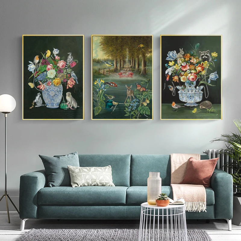 Vintage Jungle Animal Canvas Painting With Frame Abstract Flower Vase Monkey Bird Posters and Prints Wall Picture Home Decor