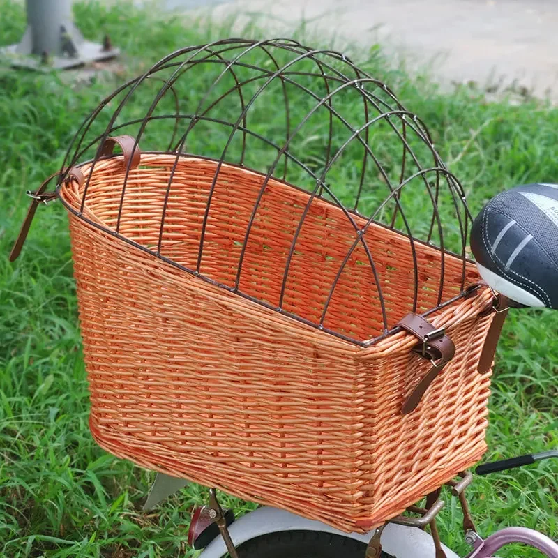 Bicycle pet cage car basket storage  with iron cover dog cage storage  rear frame woven