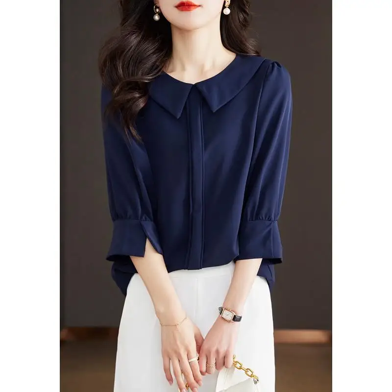 Fashion Summer Solid Color Thin Blouse Women Classic 3/4 Sleeve Elegant O-collar Office Versatile Pullover Lady Chiffon Shirt