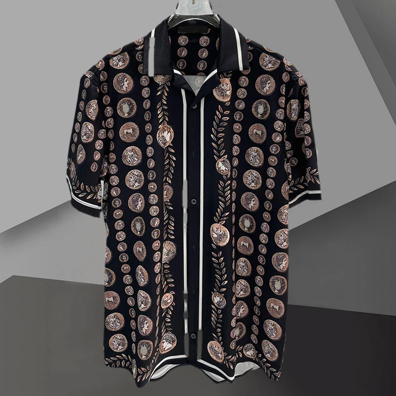 

Casual Men Abstract Pattern Shirt Quality Contrasting Color Retro Print Shirt Short Sleeve Streetwear Camisa Masculina Shirt