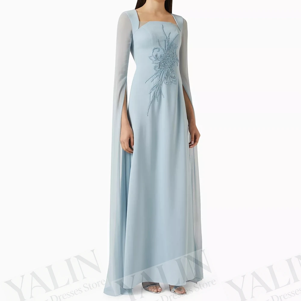 

Women's A-line Evening Dresses Floor-length Square Collar Full Sleeve Prom Gown Fashion Flowers Simple Draped Customized Gowns