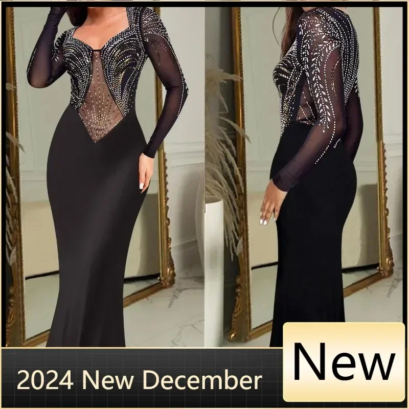 Long Black 2025 Mermaid Dress Evening Exquisite Crystals Illusion Elastic Women Prom Party Gowns In Stock Robe De Soiree