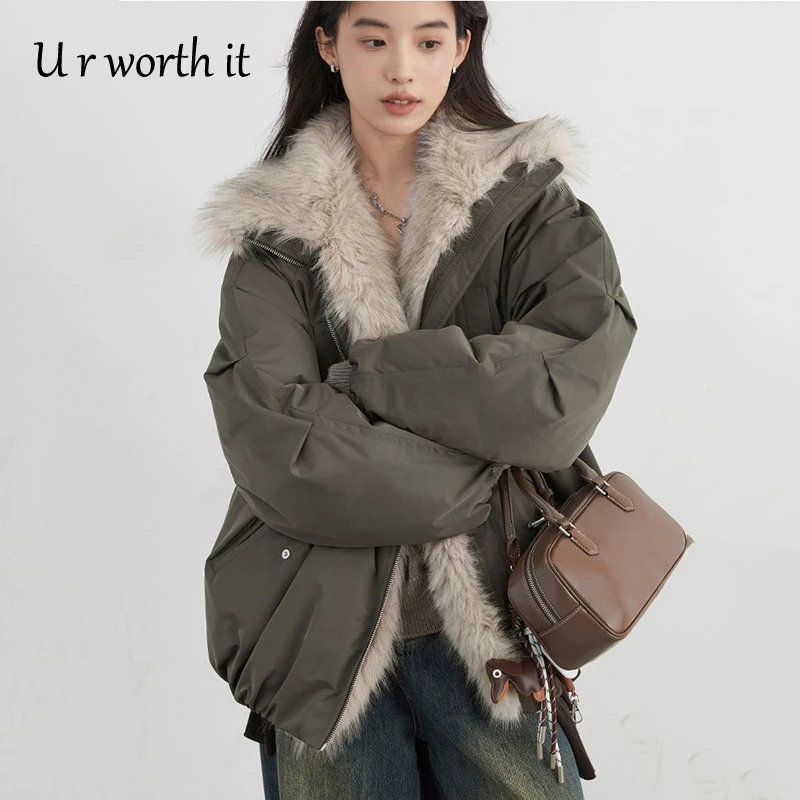 Korean Women Thick Warm Streetwear Coats Faux Fur Collar Loose Overcoat Casual Female Retro Motorcycle Cotton Jacket Winter 2026
