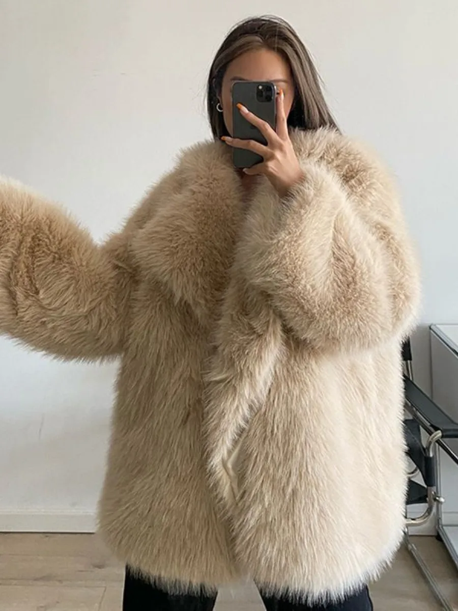 

Autumn Winter New Style Loose Fit Mid-Length Fur Jacket Women's Artificial Hair Collar Coat Health Ring Knee Protection