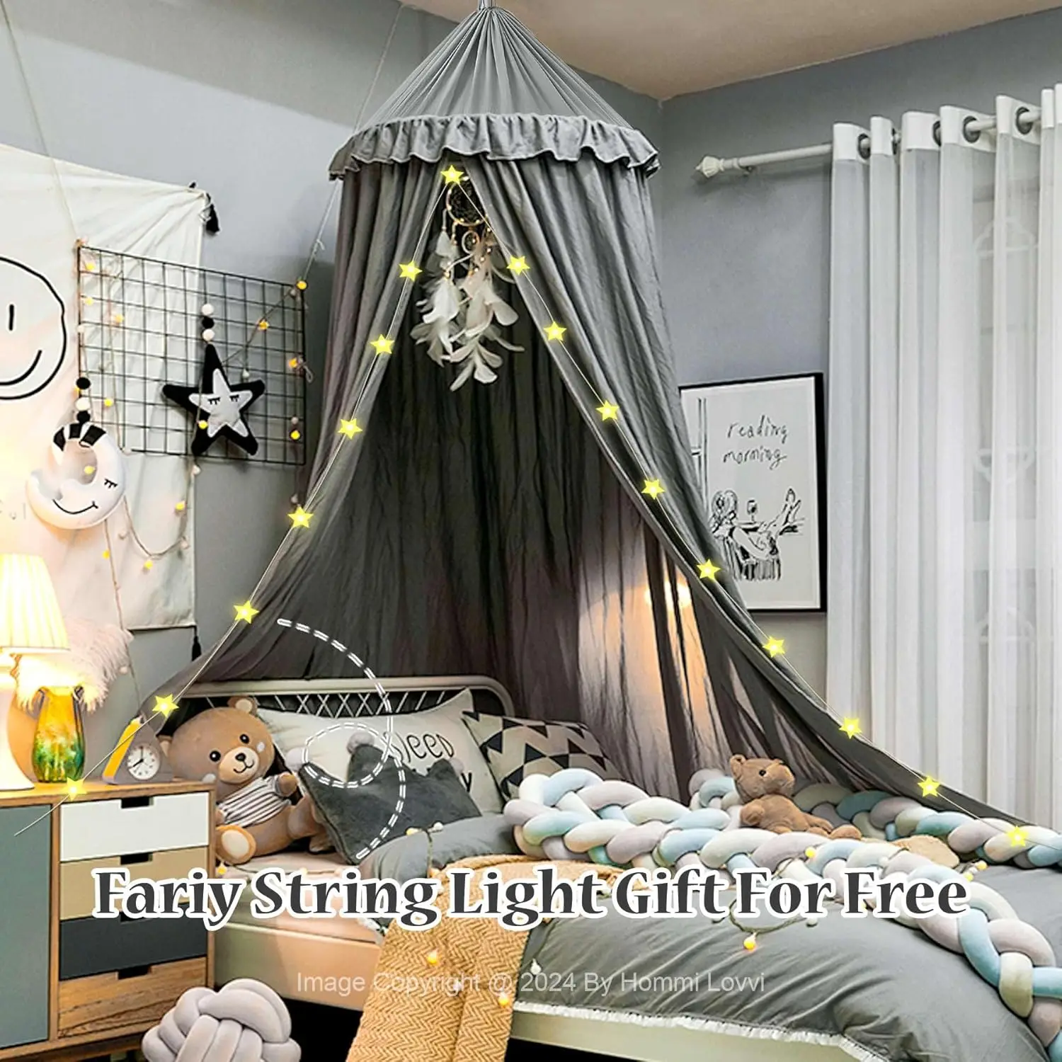 หลังคาเตียงสําหรับเด็กผู้หญิง, Dreamy Frills เพดานแขวน Princess Canopy ตกแต่งห้องนอน Soft Canopy สุทธิอ่าน Nook