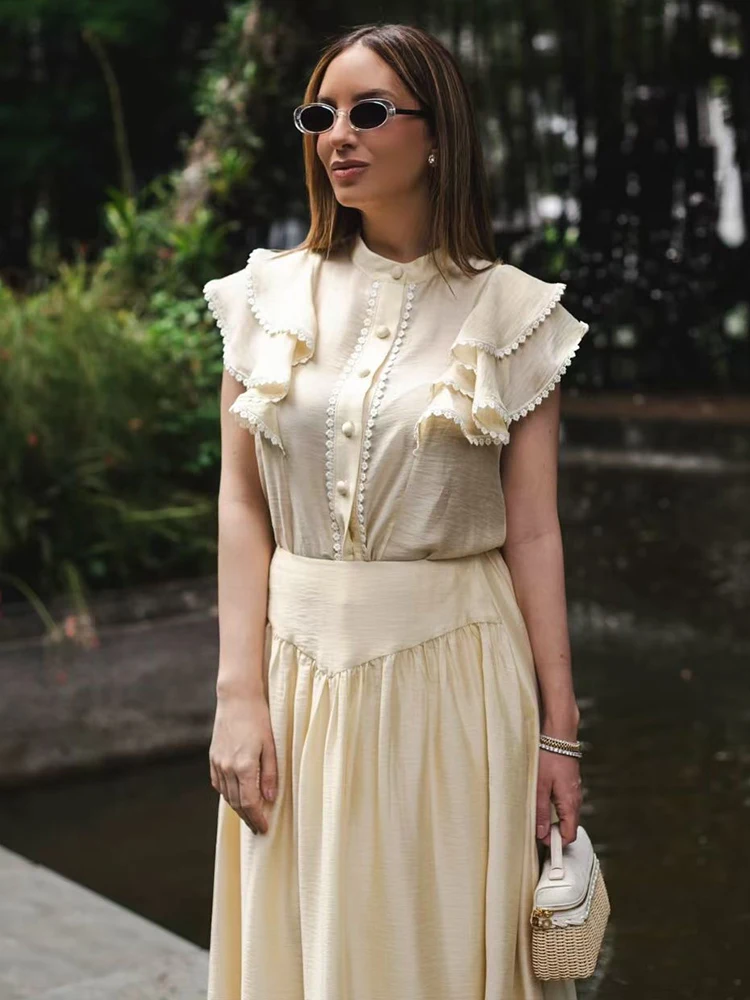 2026 Summer Women's Stand up Collar Stickers Lotus Leaf Sleeve Straight Tube Shirt Two Piece Set+Splicing Lace Half Skirt Set
