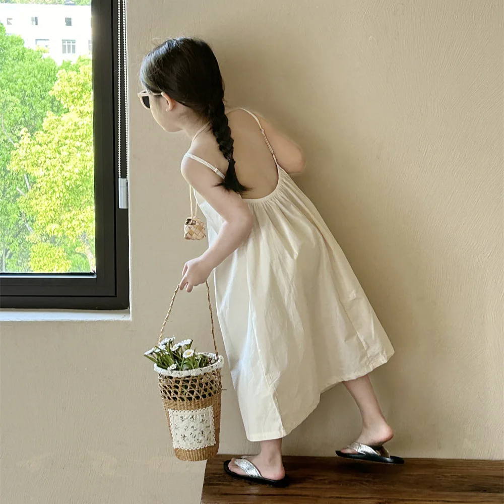 

Girls Slip Dress 2025 Spring and Summer New Korean Fashion Solid Color Seaside Holiday Casual Princess Dress