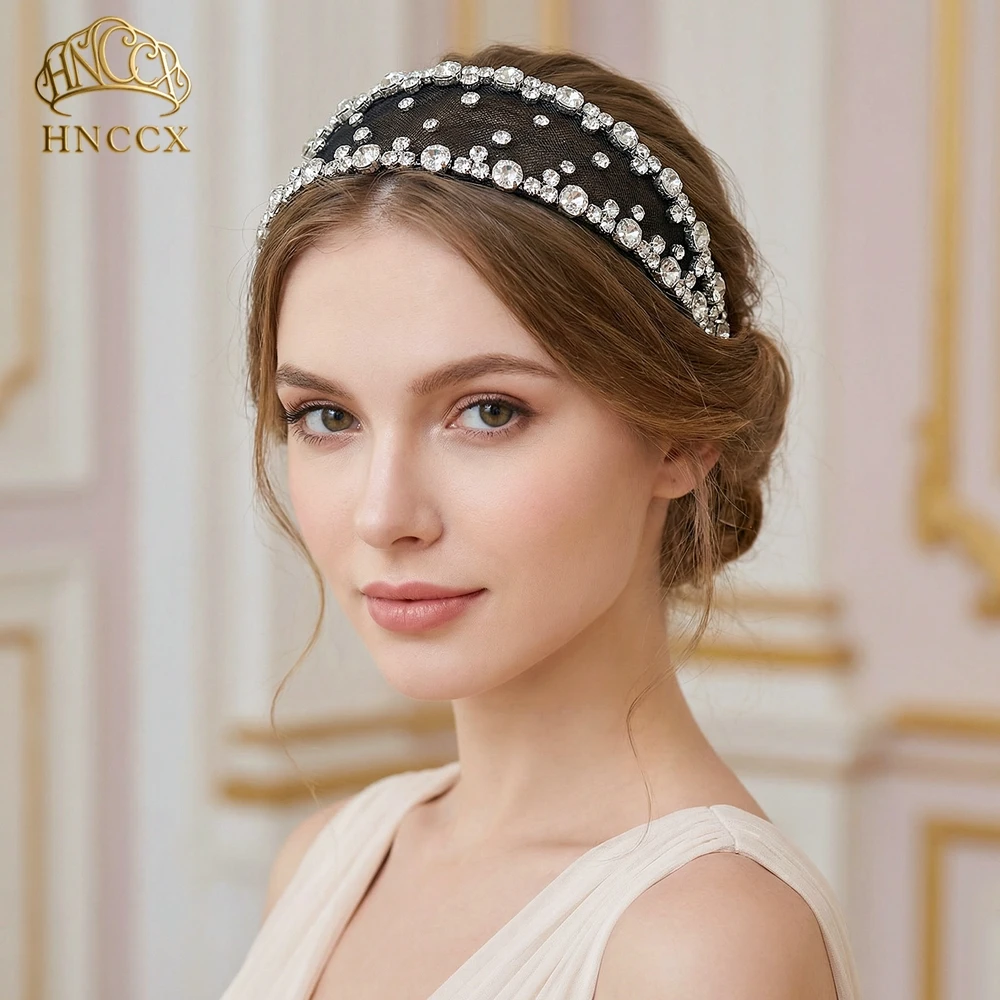 HNCCX Black Mesh Wide Headband Handmade Rhinestone Hair Hoop for Daily Party Bride Wedding Hair Accessories For Women A43
