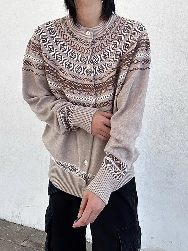 

Khaki American Retro Knitted Sweater Coat Men's Casual Loose Lazy Sle High-End Embroidery Versatile Autumn Faion Knitwear