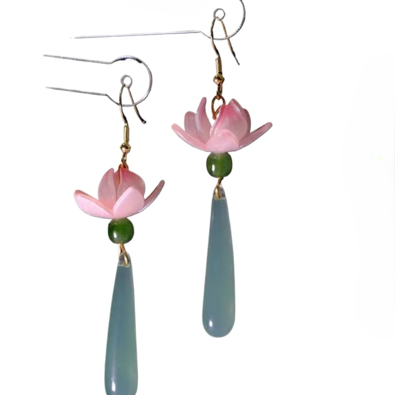 

Chinese Jade Earrings for Women Vintage Auspicious Cloud Pattern Water Drop Pendant Elegant Jewelry Hanfu Accessory Clip