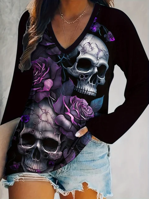 Damska koszulka Plus Size Skeleton & Floral Print Casualowy top z długim rękawem i dekoltem w szpic na wiosnę i jesień Odzież na dzień wszystkich świętych