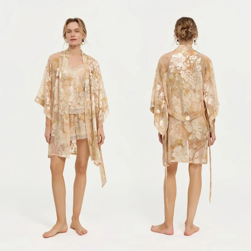 Women's Vintage Watercolor Floral Print Sheer Kimono Wrap Robe Loose Batwing Sleeve Mini Bathrobe for Bachelorette Party