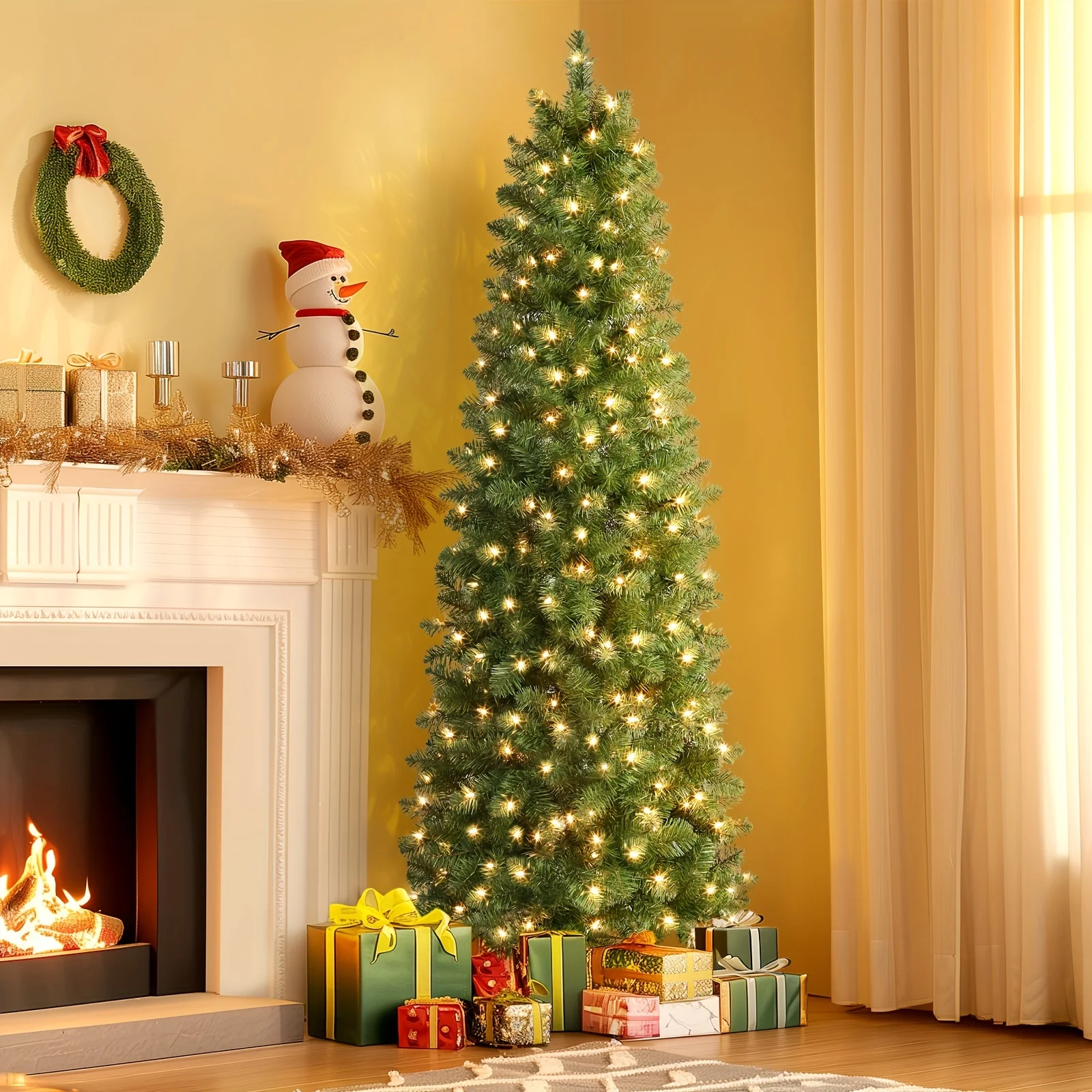 

7.5 FT Prelit Snow Flocked Slim Pencil Christmas Tree (Flocked Green) - Warm White Pre-Installed Lights, Lush Branches