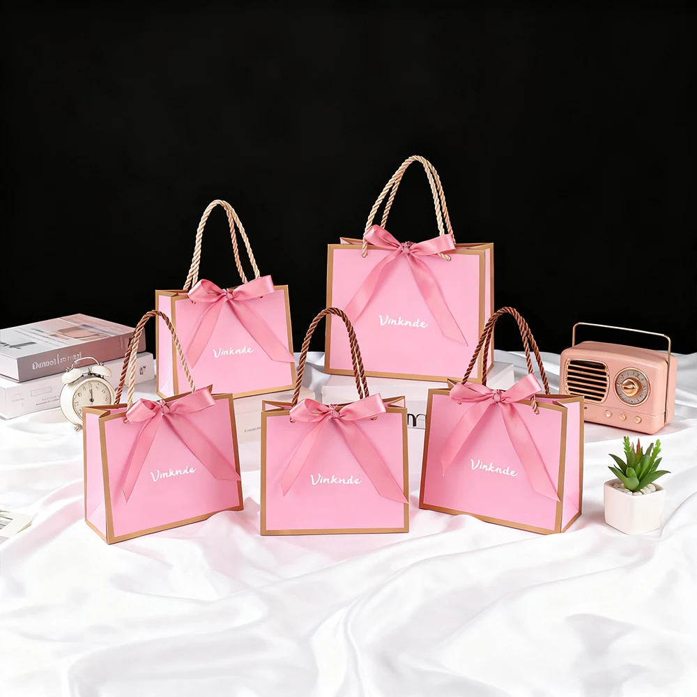 

Small Thank You Gift Bags with Handles 14x6x12cm Custom Logo Mini Pink Tote Bags with Ribbon Wedding Birthday Party Favor Bag