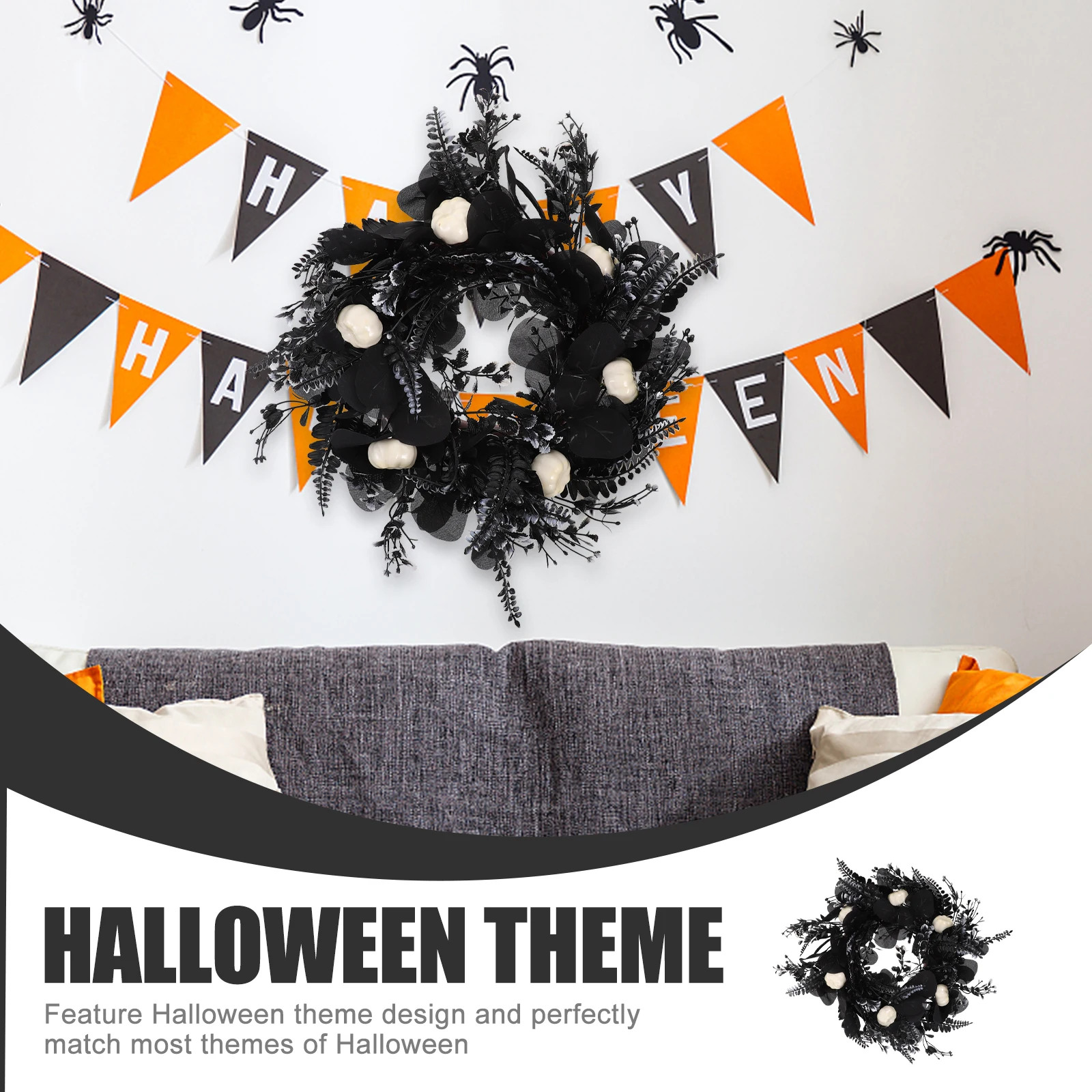 

25CM Halloween Pumpkin Wreath Leaves Door Garland Spooky Haunted House Decor Home Front Yard Simulated Hanging