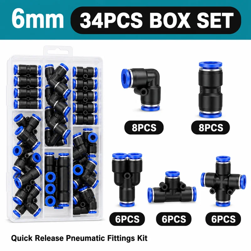 Pneumatisches Steckverbindungs-Set 4 6 8 10 12mm Luftschlauch Schnellverschluss-Verbinder Gerade Winkel T-Stück Y-Kreuz Aufbewahrungsbox
